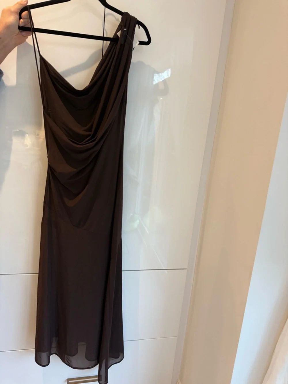ZARA Chocolate Brown Asymmetrical Draped Strap Maxi Dress w/ Built-In Bodysuit - Picture 10 of 11